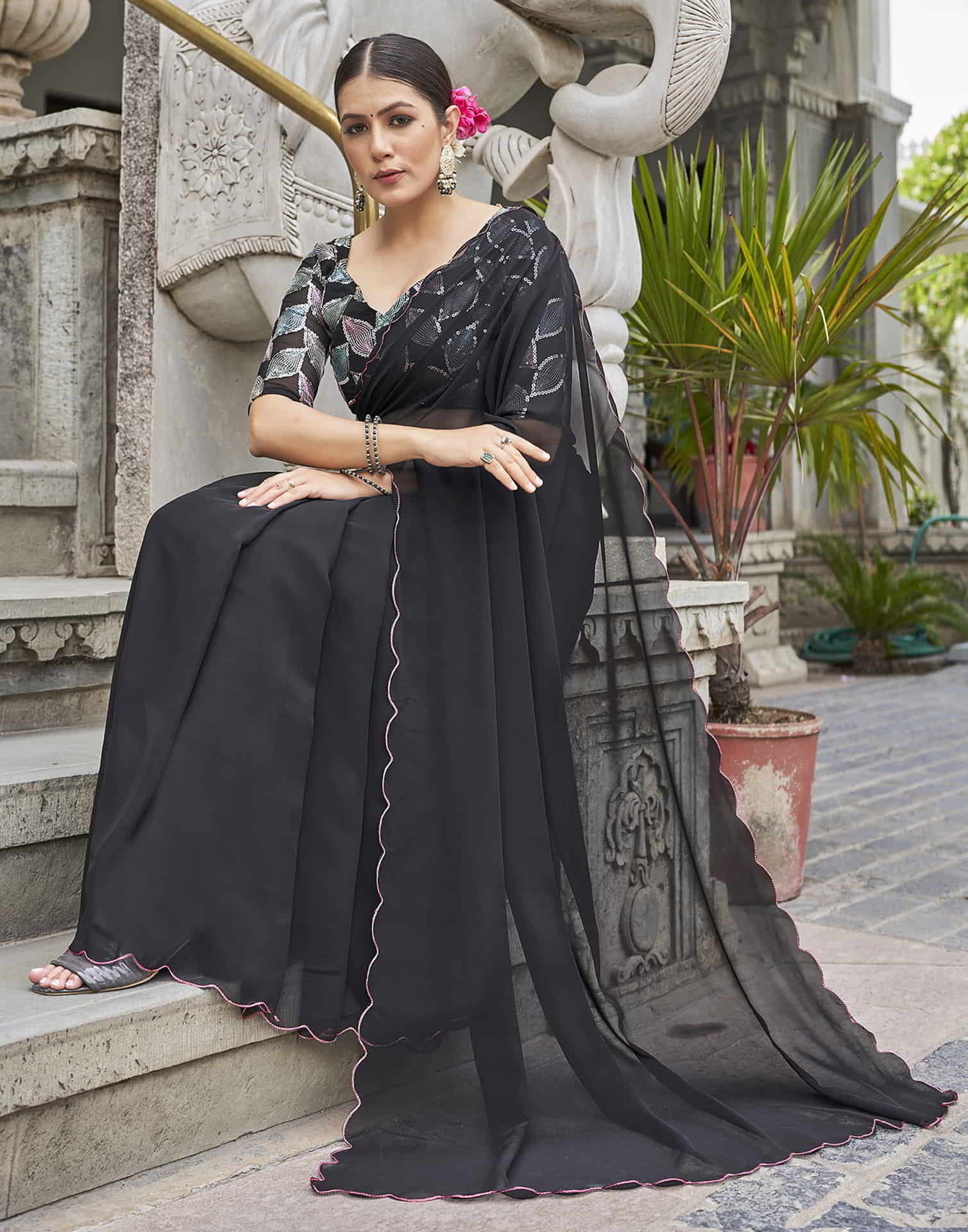 Black Plain Georgette Saree