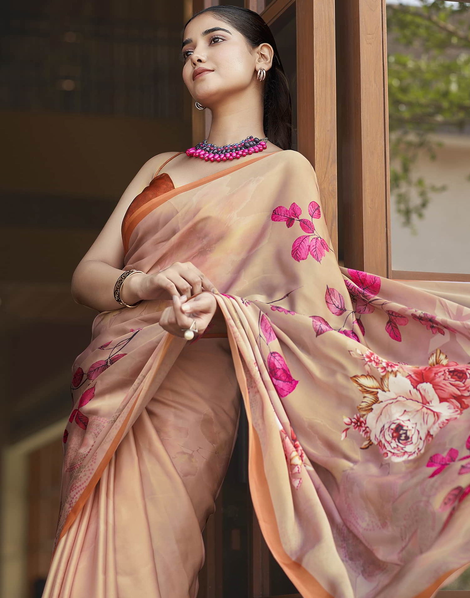 Beige Printed Satin Saree