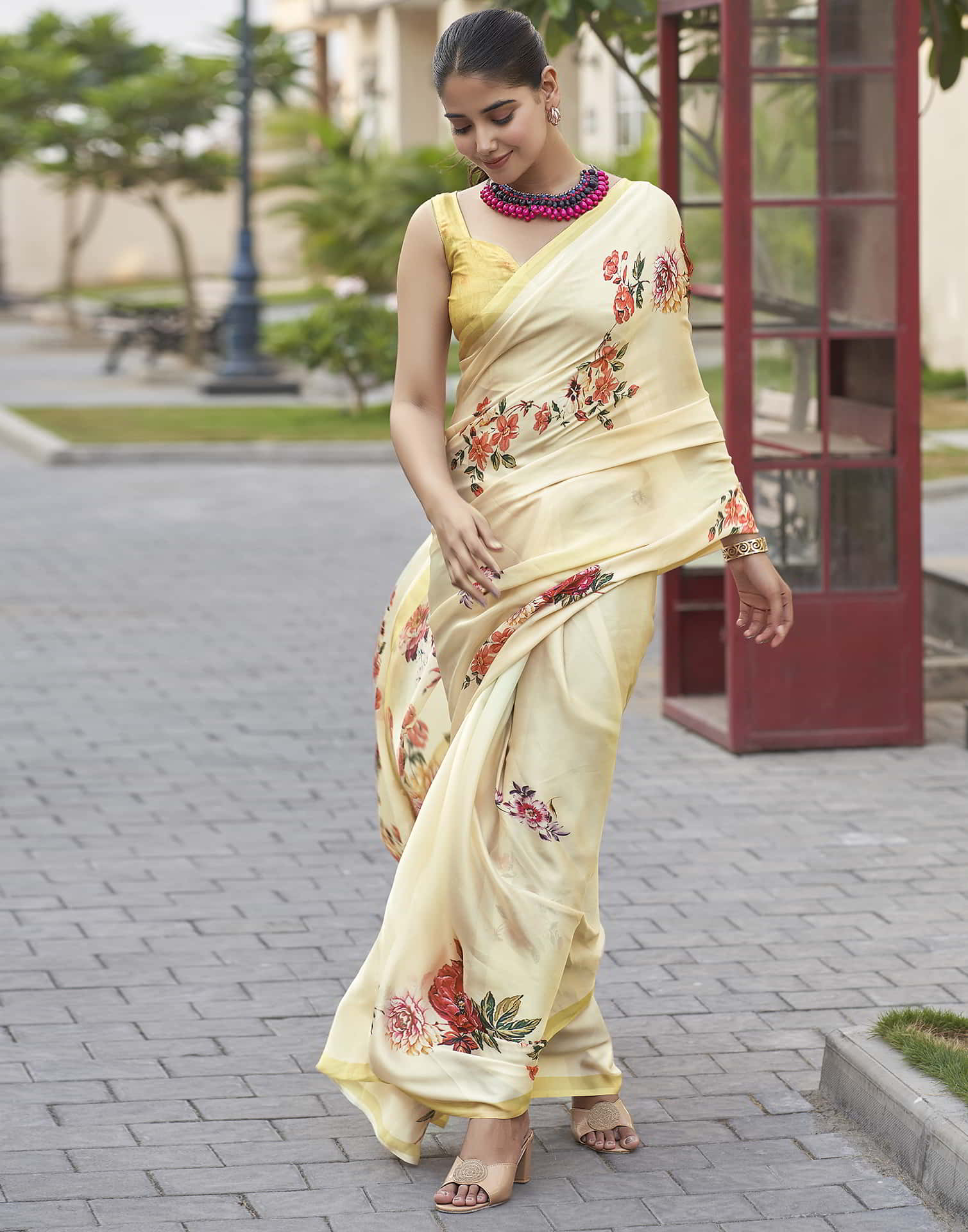 Cream Printed Satin Saree