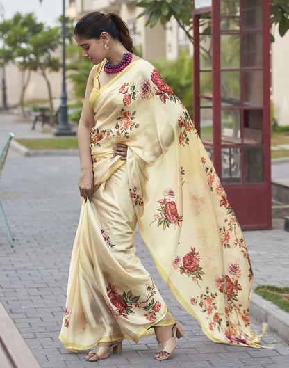 Cream Printed Satin Saree