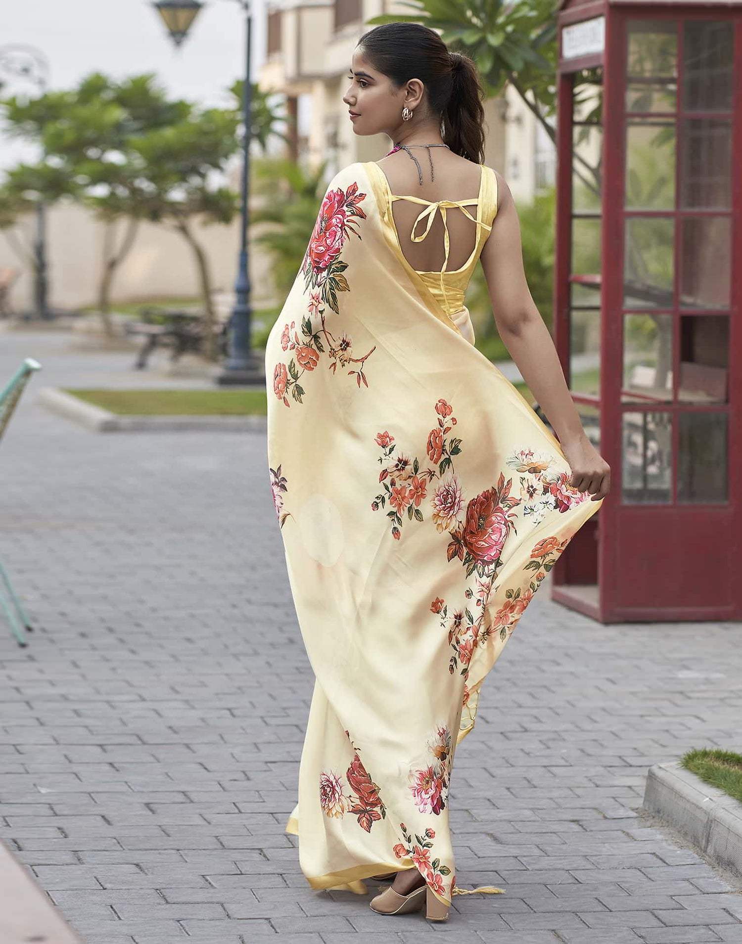 Cream Printed Satin Saree