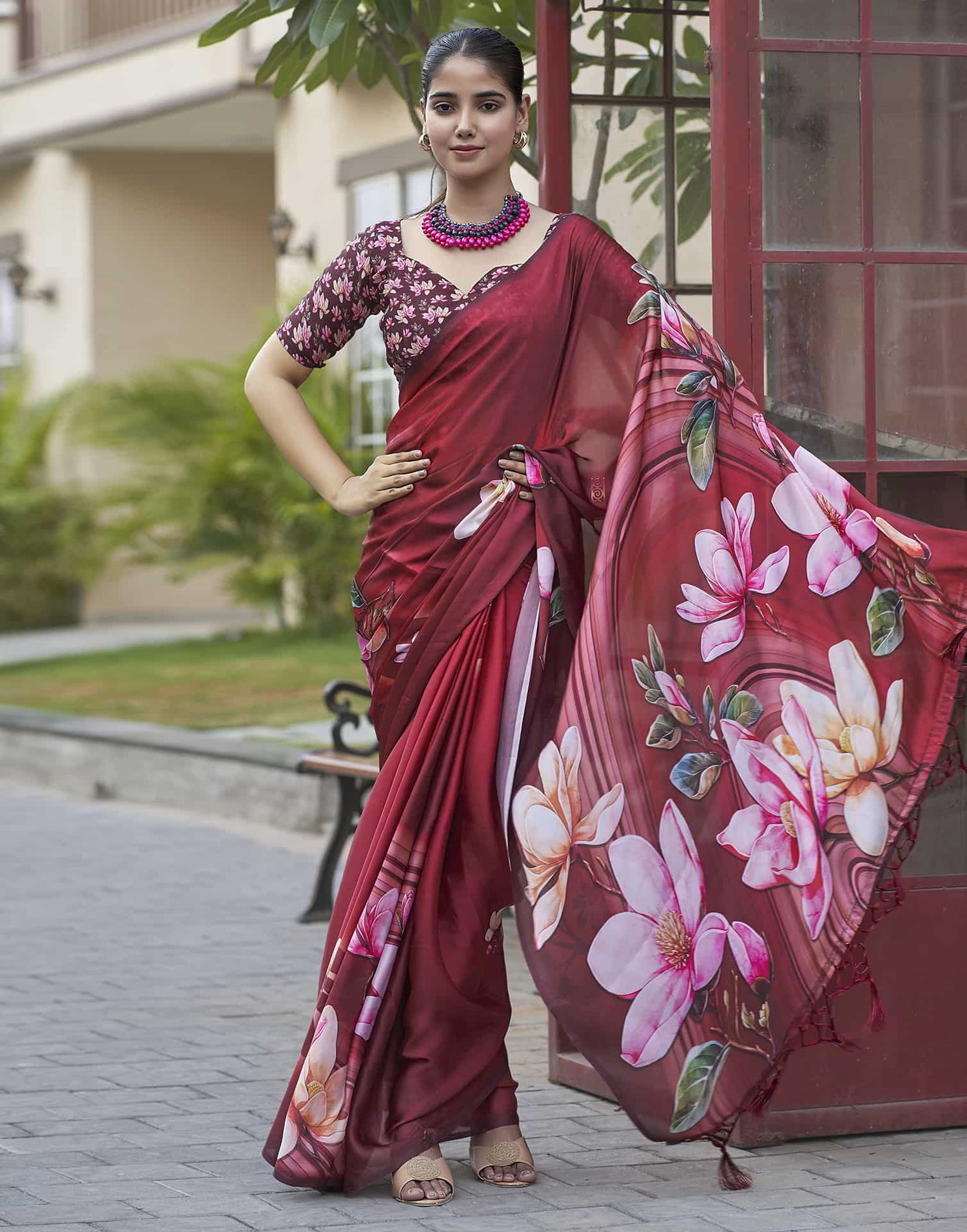 Red Printed Satin Saree