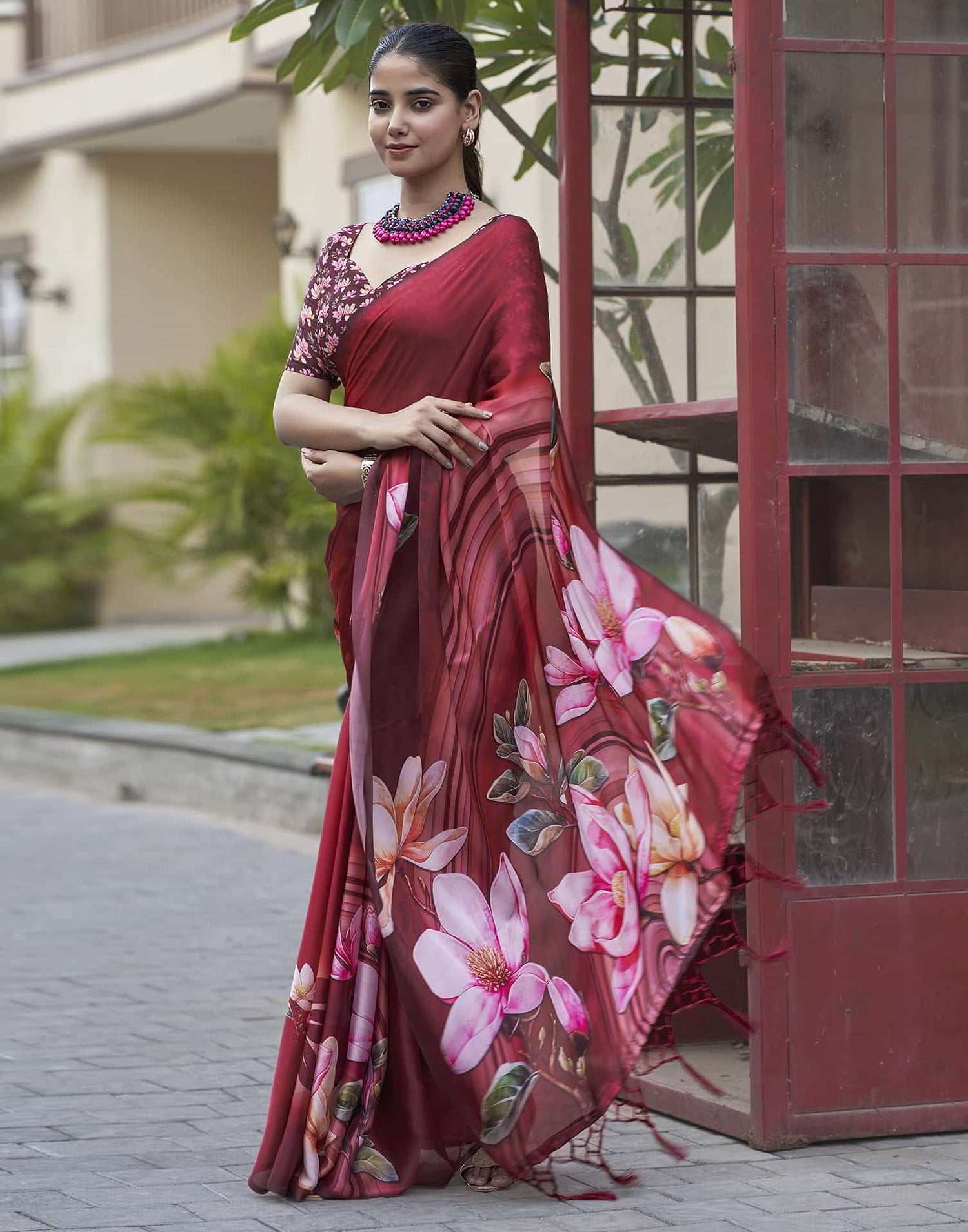 Red Printed Satin Saree