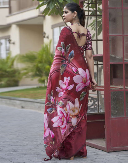 Red Printed Satin Saree