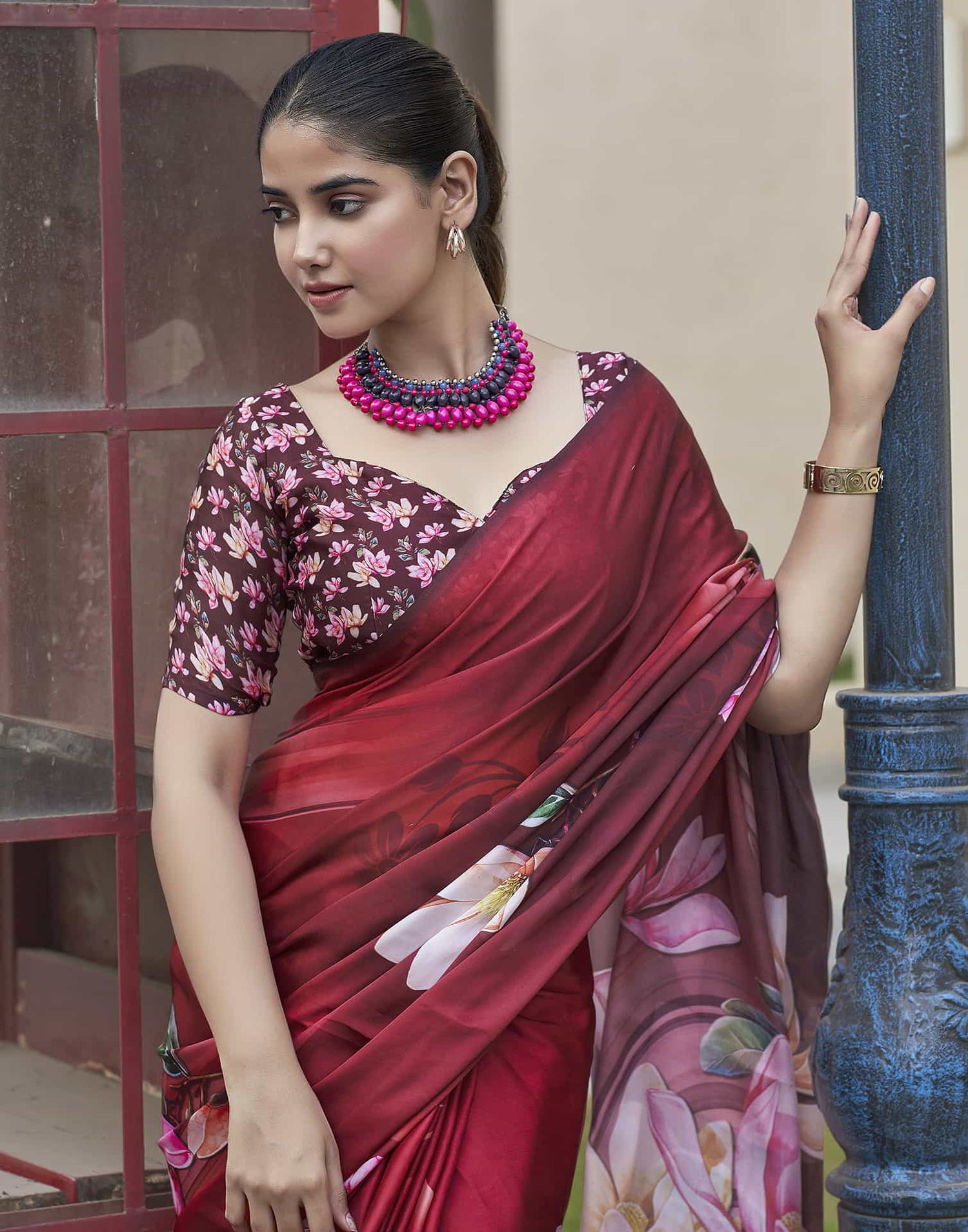 Red Printed Satin Saree