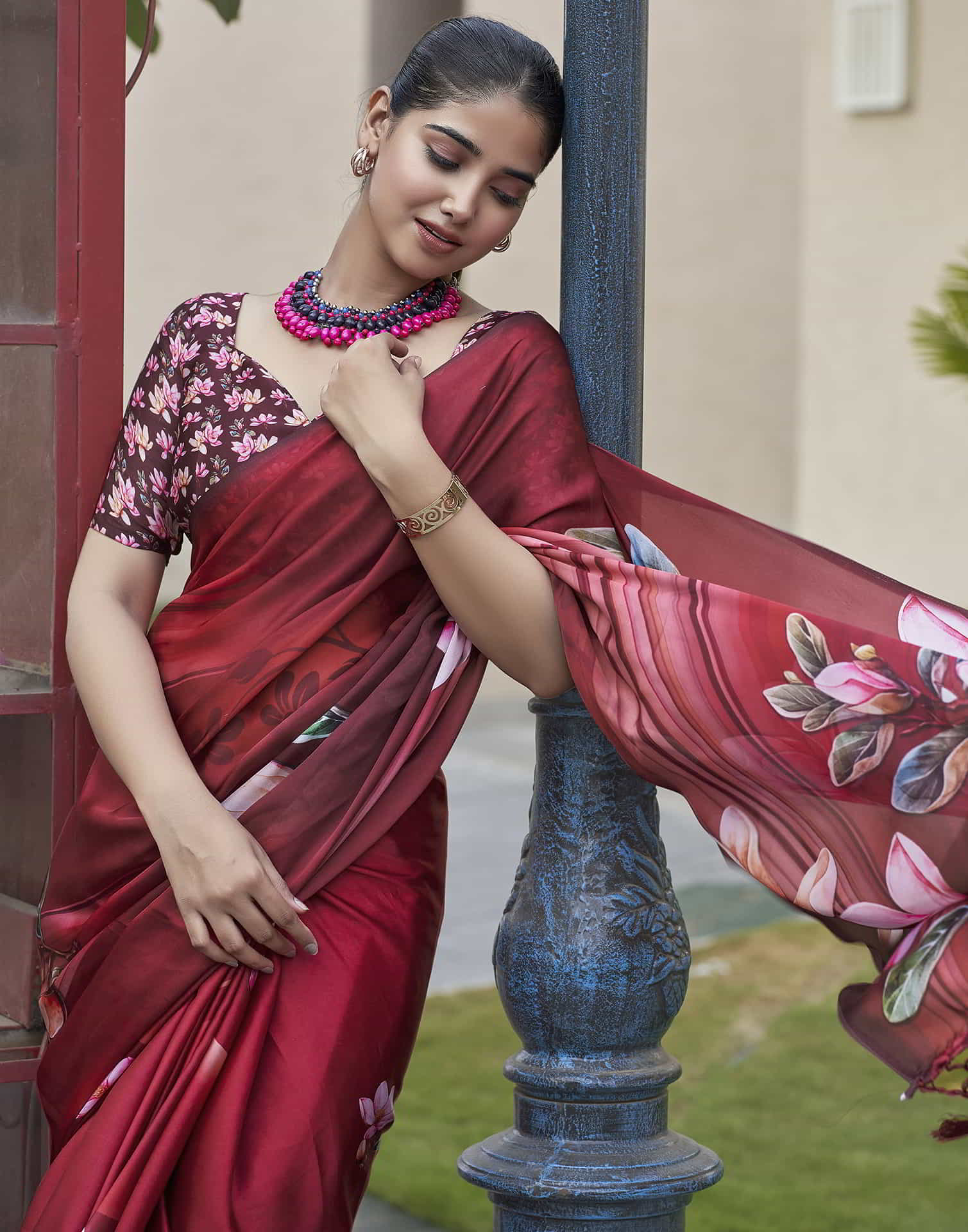 Red Printed Satin Saree