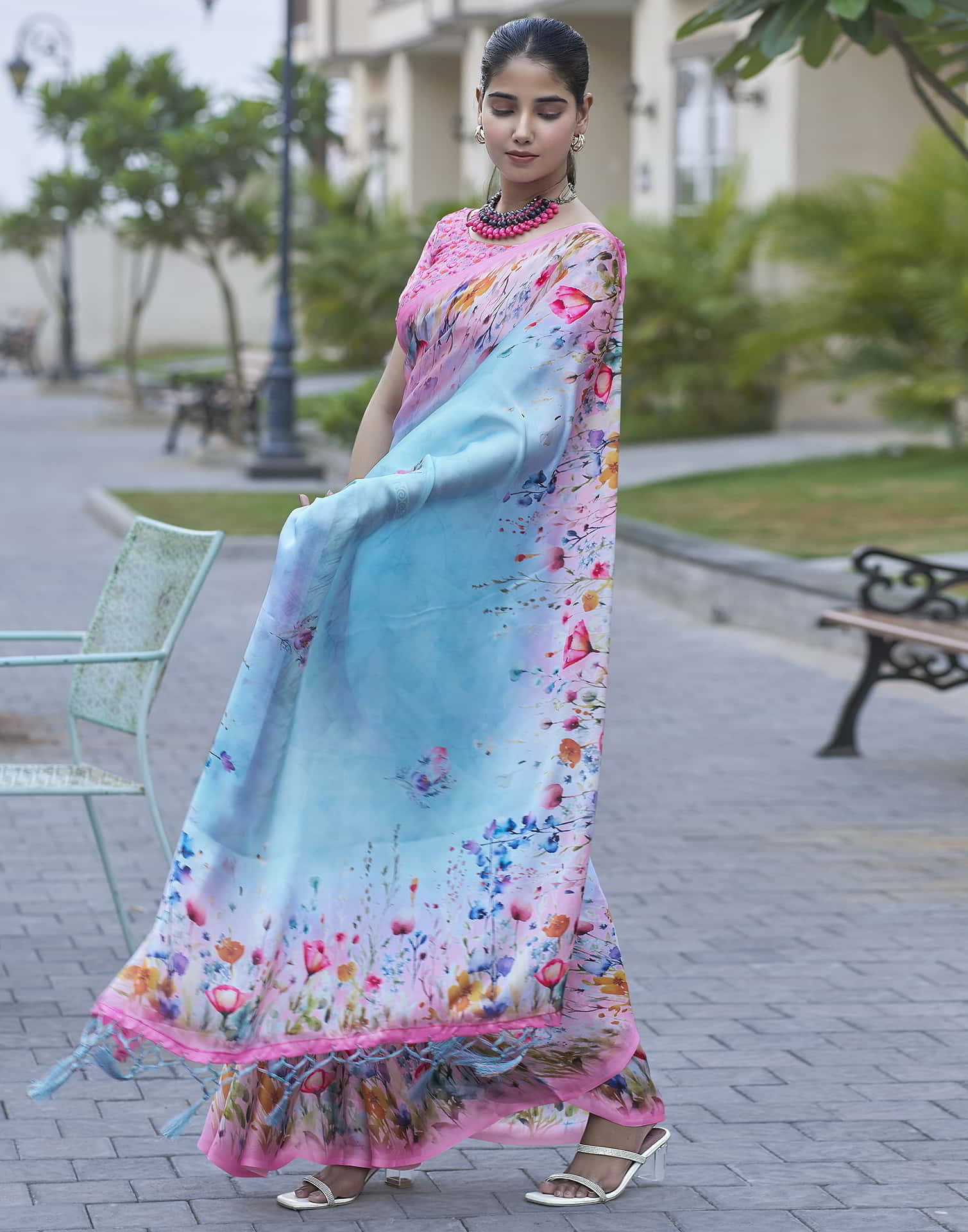 Blue Printed Satin Saree