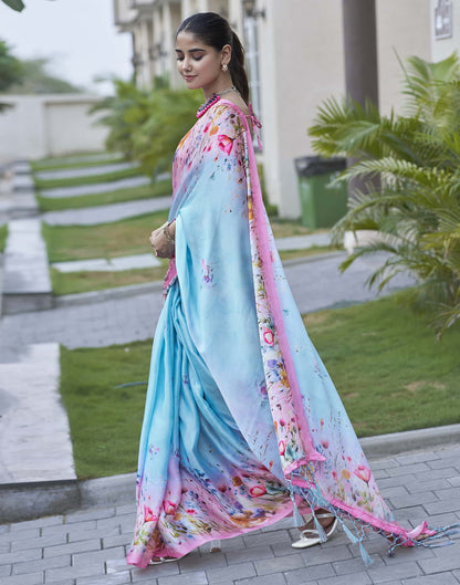 Blue Printed Satin Saree