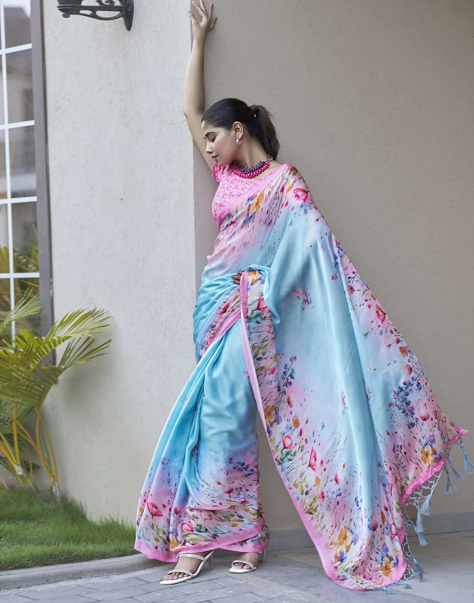 Blue Printed Satin Saree