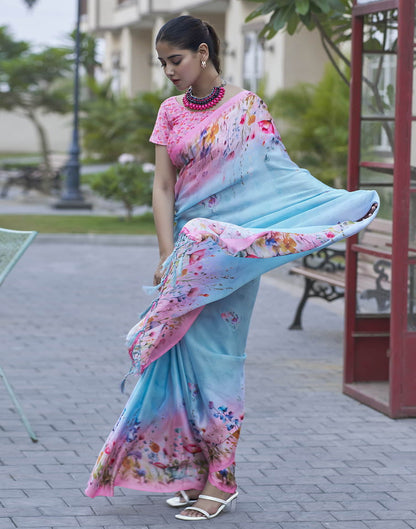 Blue Printed Satin Saree