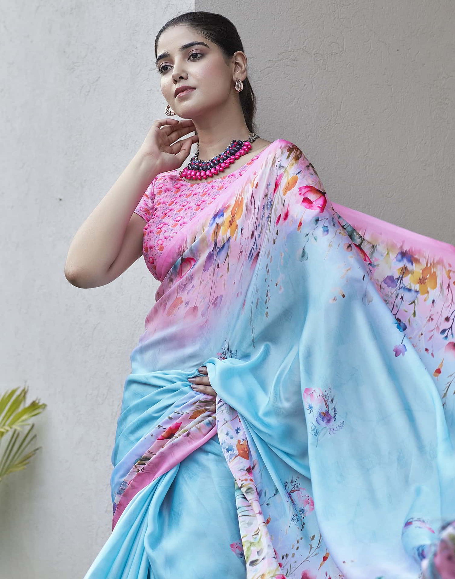 Blue Printed Satin Saree