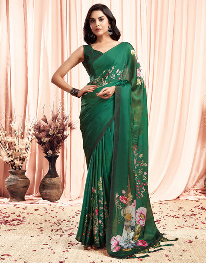 Green Printed Satin Saree