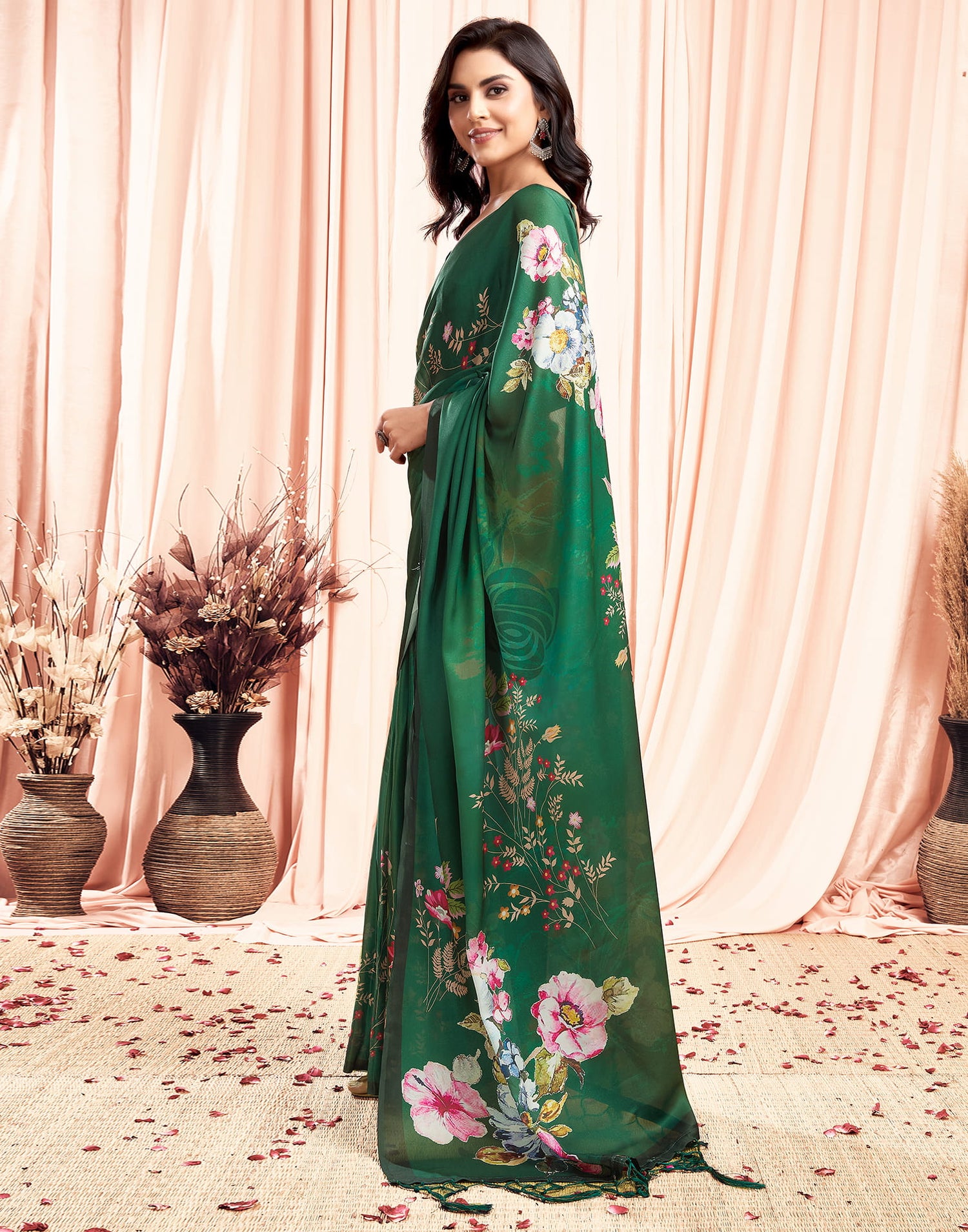 Green Printed Satin Saree