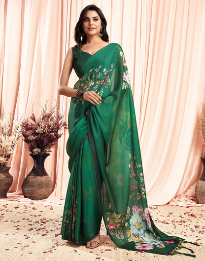 Green Printed Satin Saree