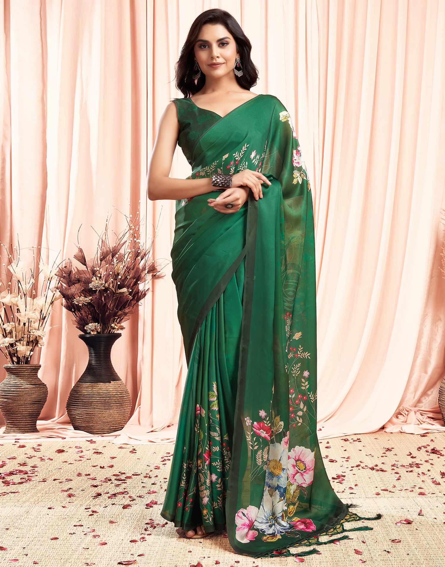 Green Printed Satin Saree