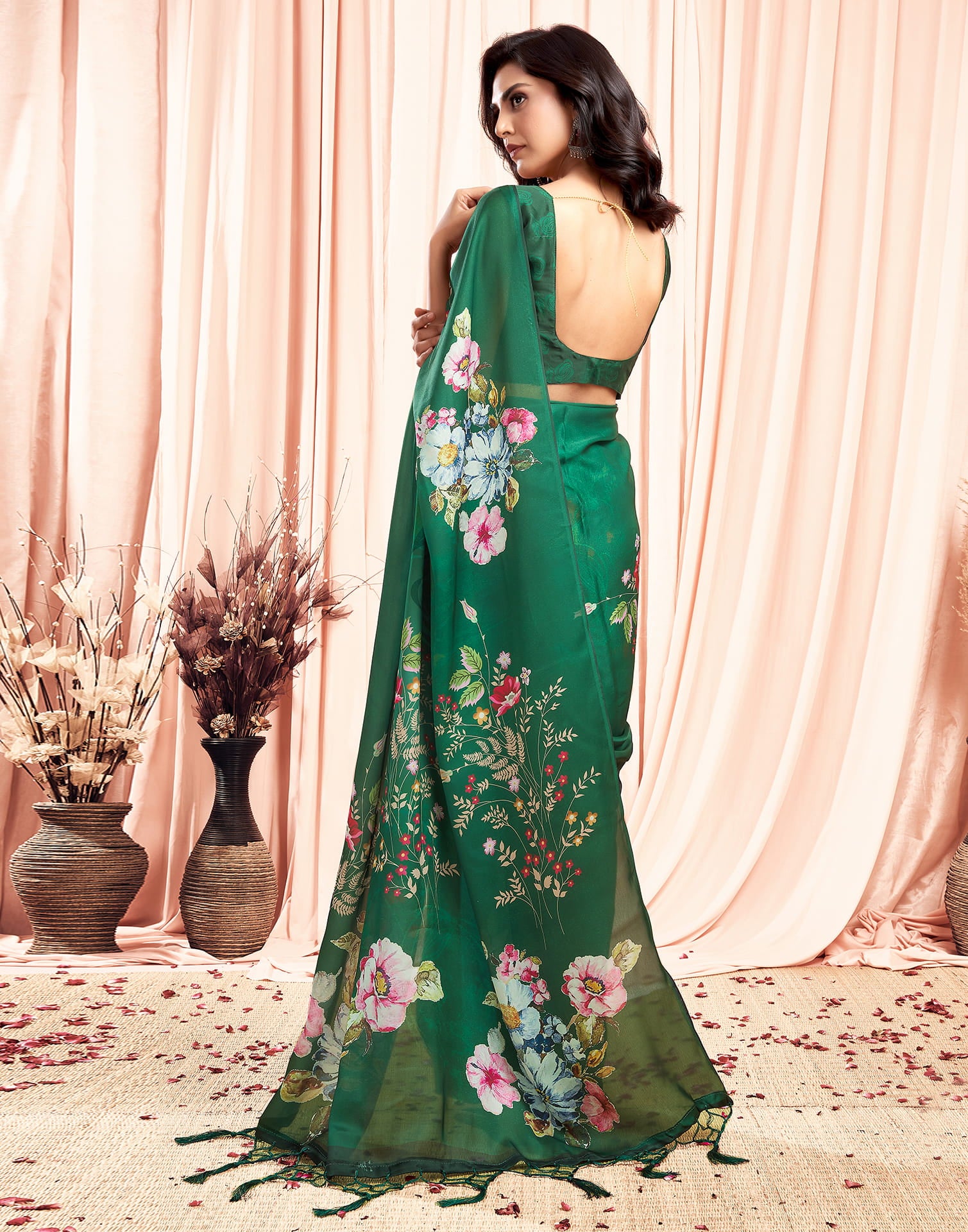 Green Printed Satin Saree