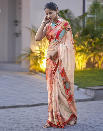 Cream Printed Satin Saree