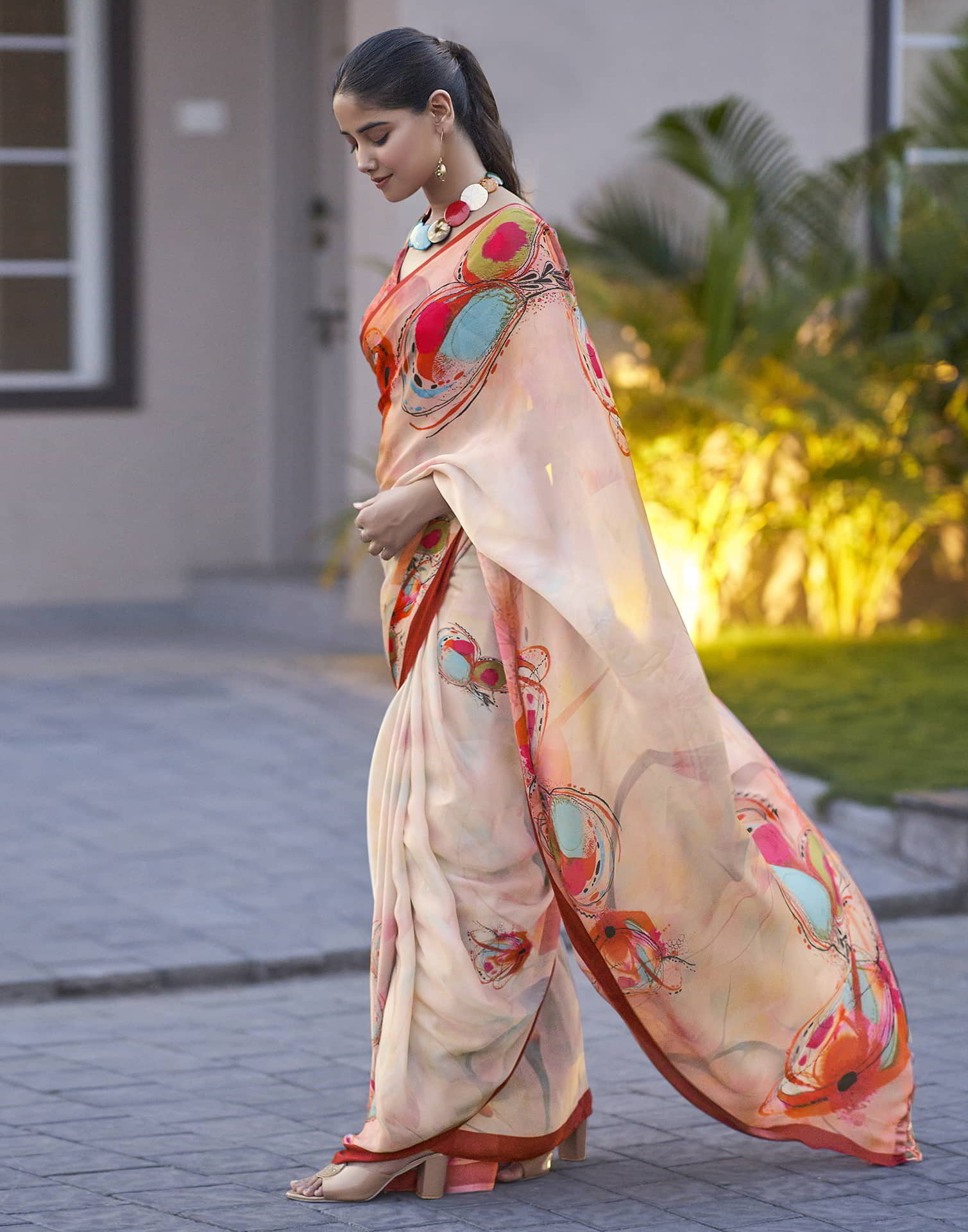 Cream Printed Satin Saree