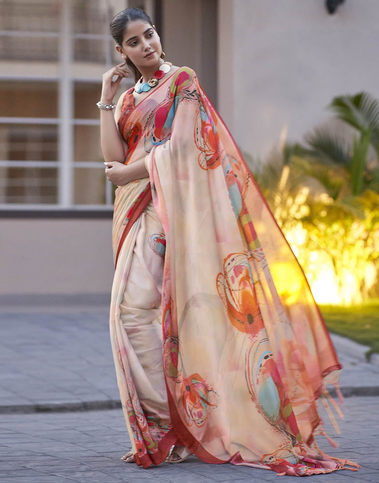 Cream Printed Satin Saree