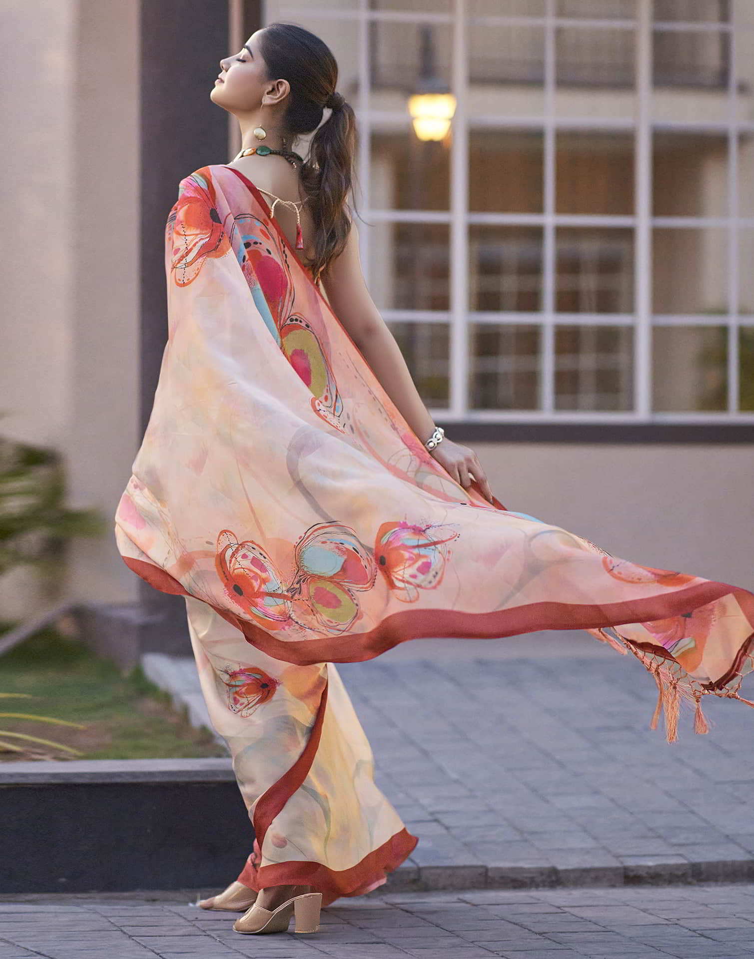 Cream Printed Satin Saree