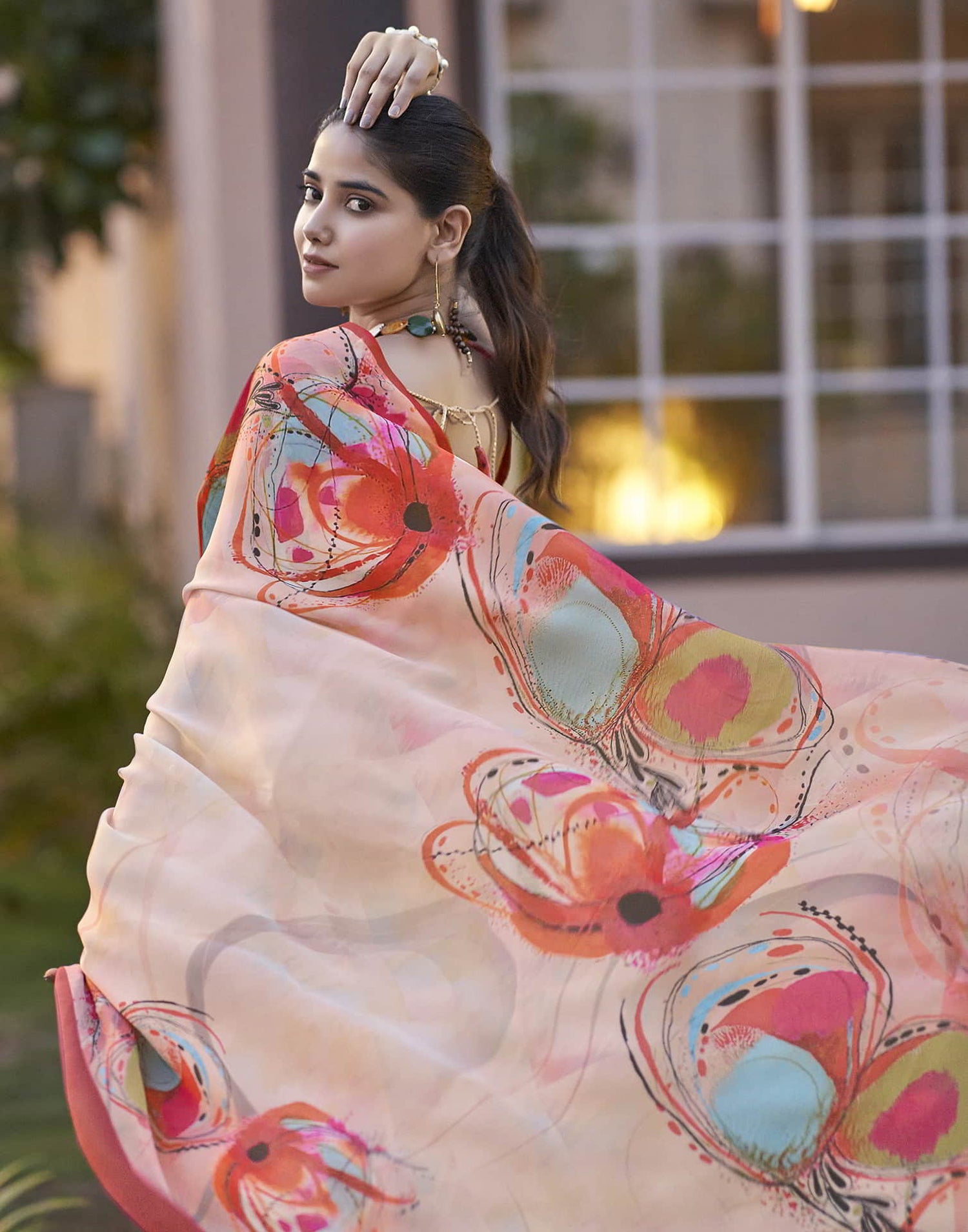 Cream Printed Satin Saree