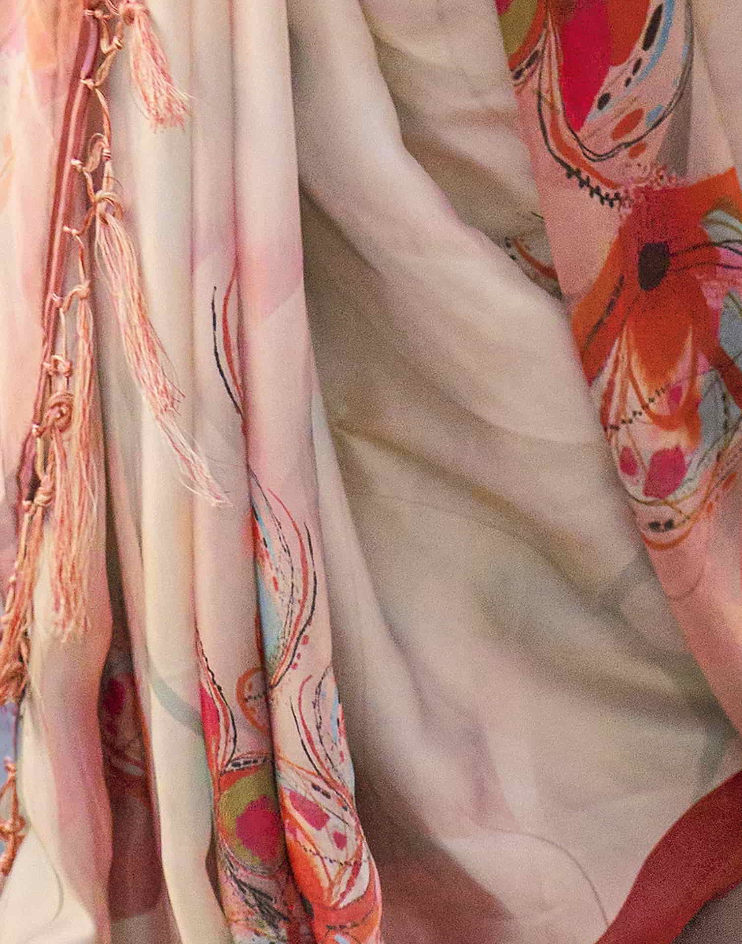 Cream Printed Satin Saree