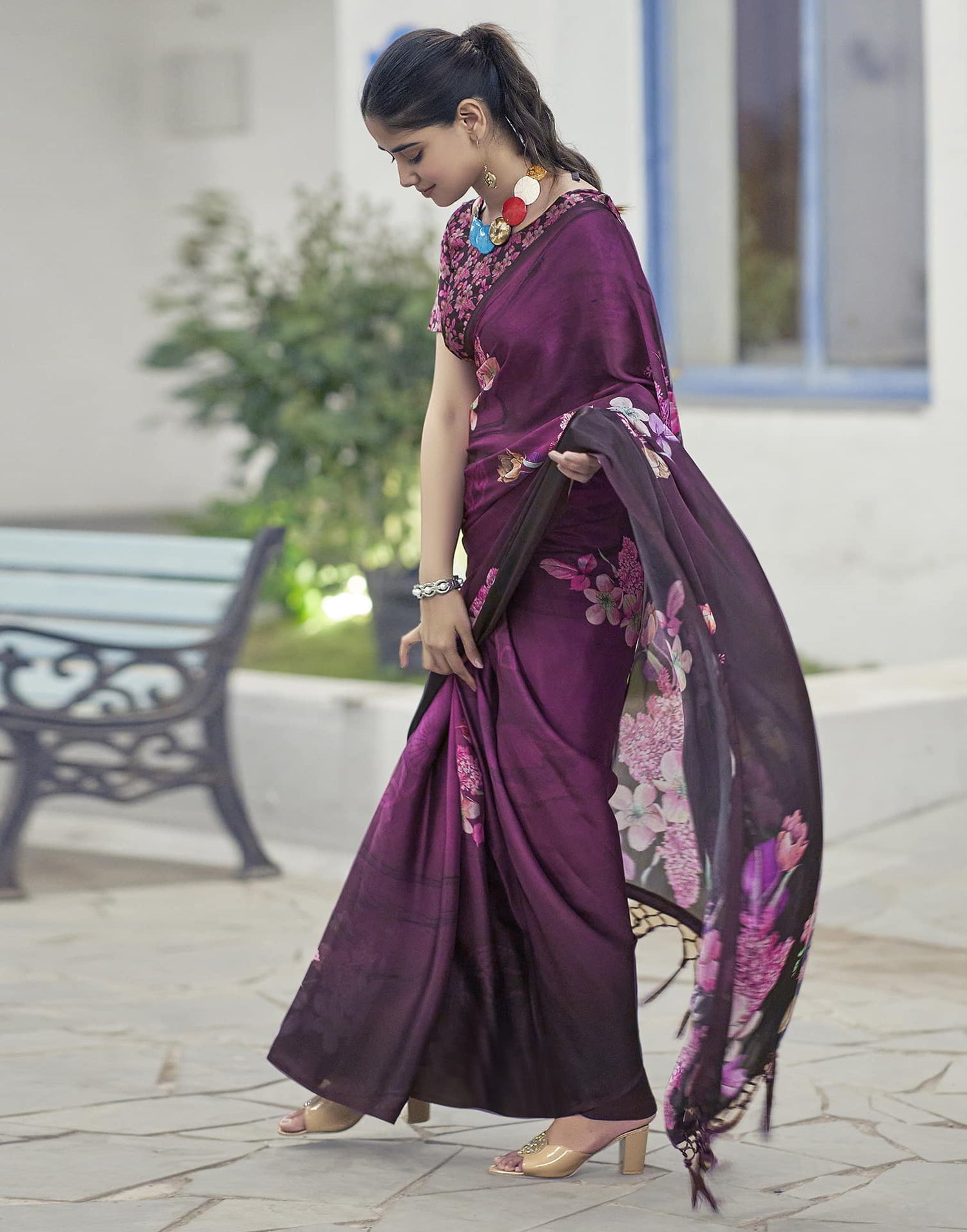 Black Printed Satin Saree