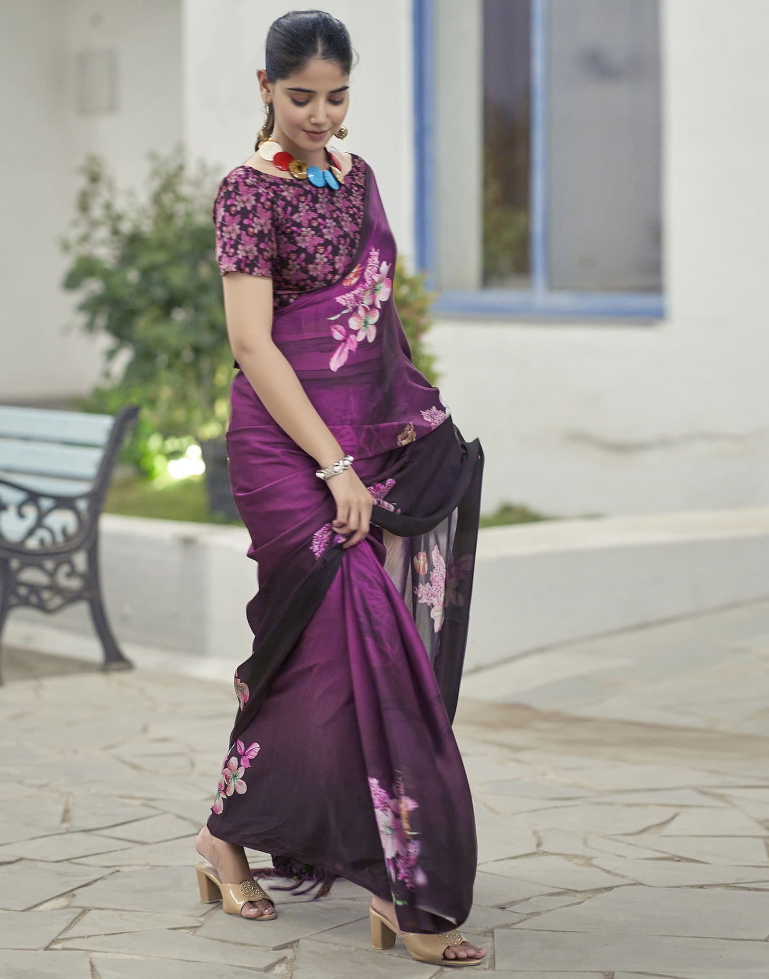 Black Printed Satin Saree