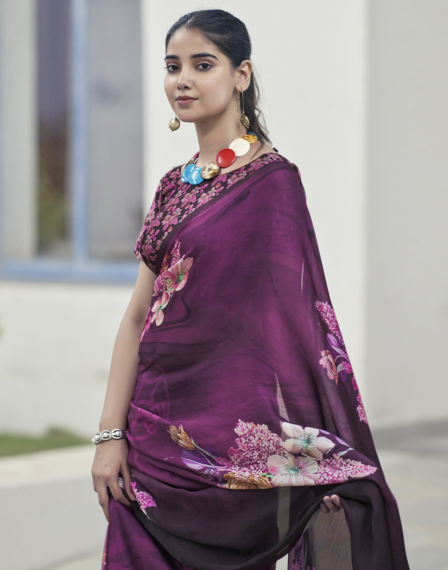 Black Printed Satin Saree