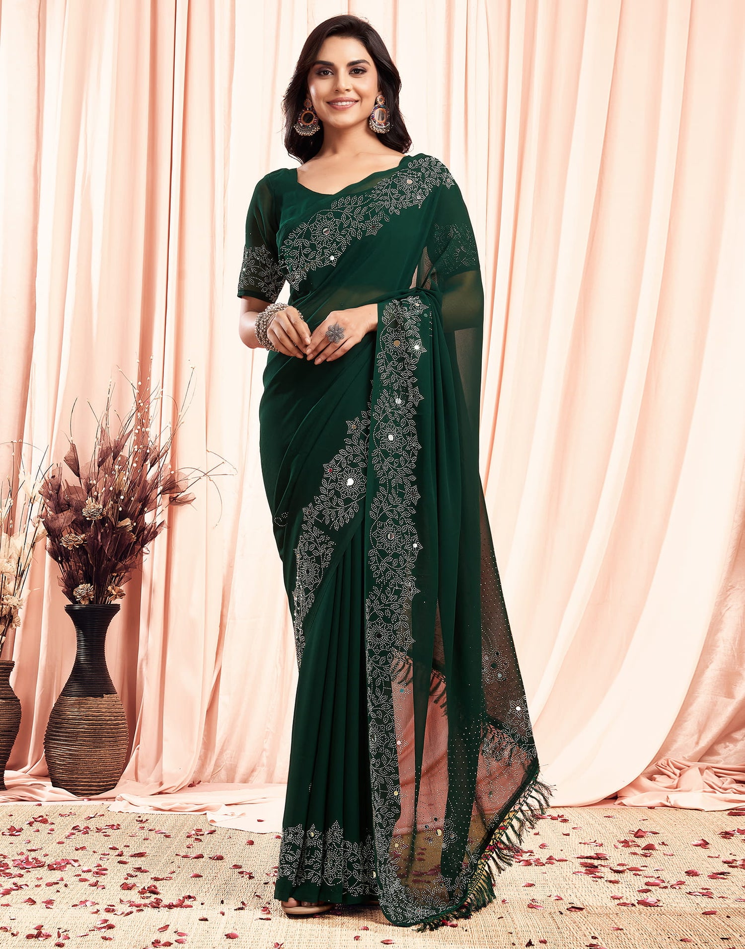 Green Swarovski Georgette Stone Work Saree