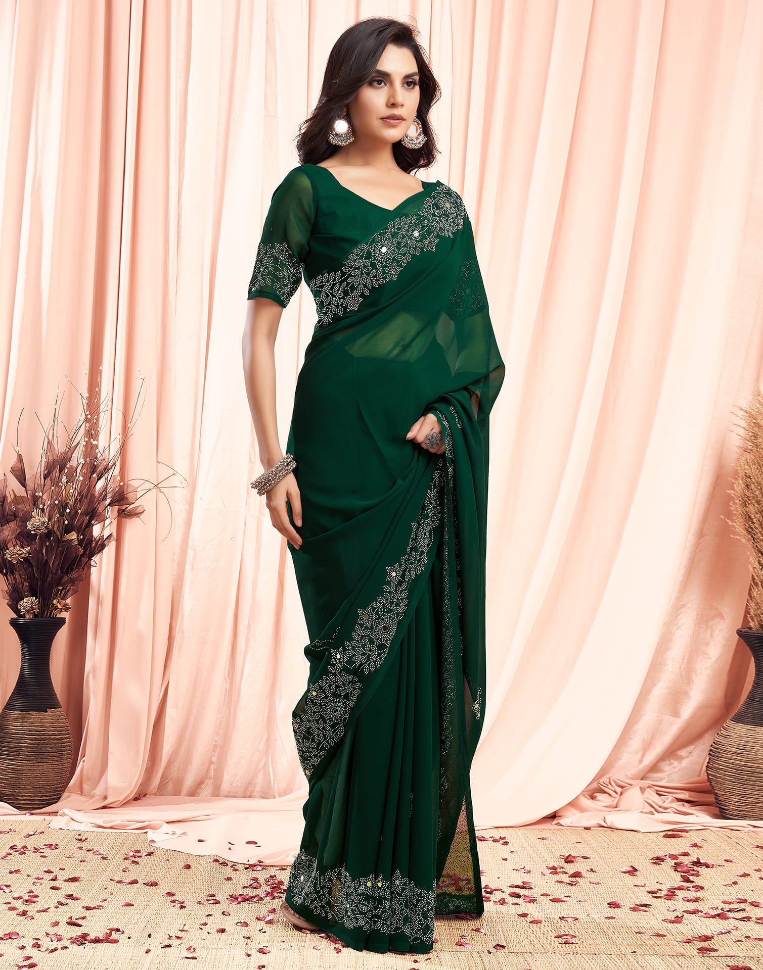 Green Swarovski Georgette Stone Work Saree