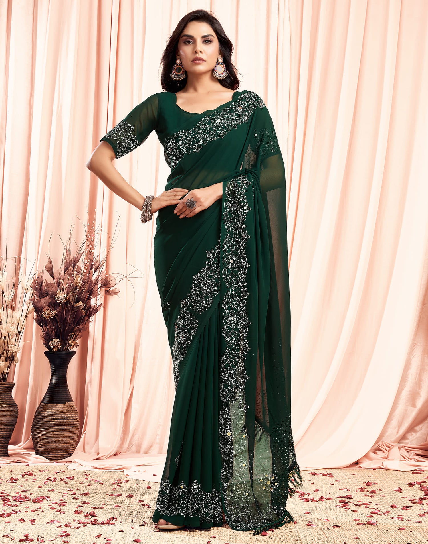 Green Swarovski Georgette Stone Work Saree