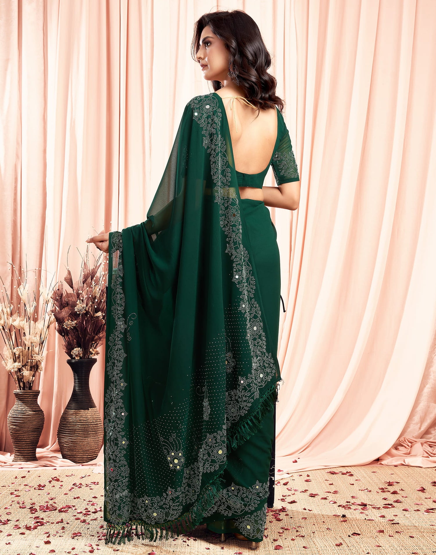 Green Swarovski Georgette Stone Work Saree