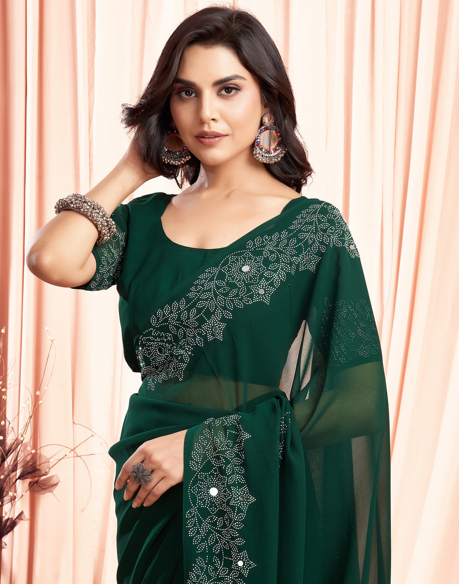 Green Swarovski Georgette Stone Work Saree