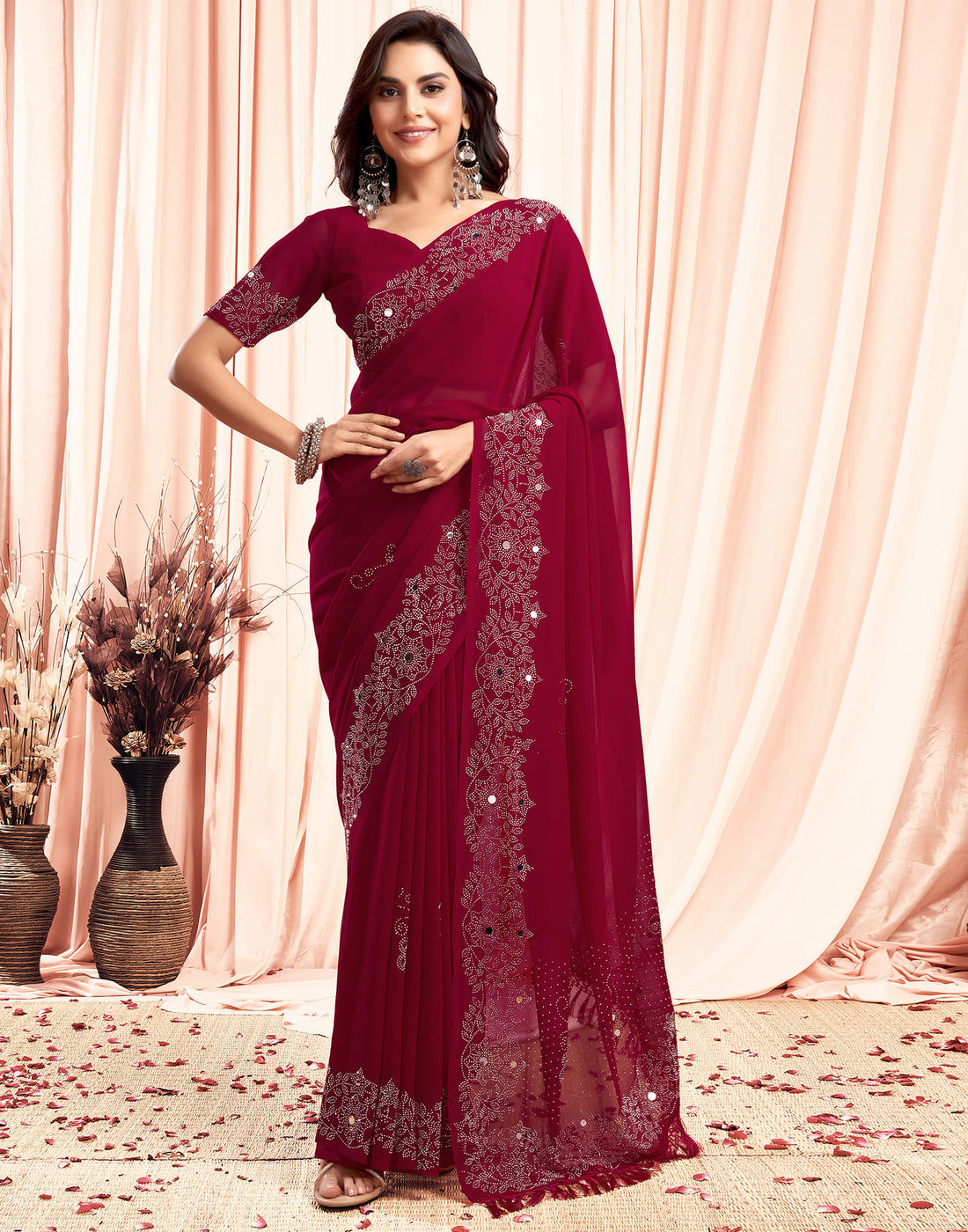 Pink Swarovski Georgette Stone Work Saree