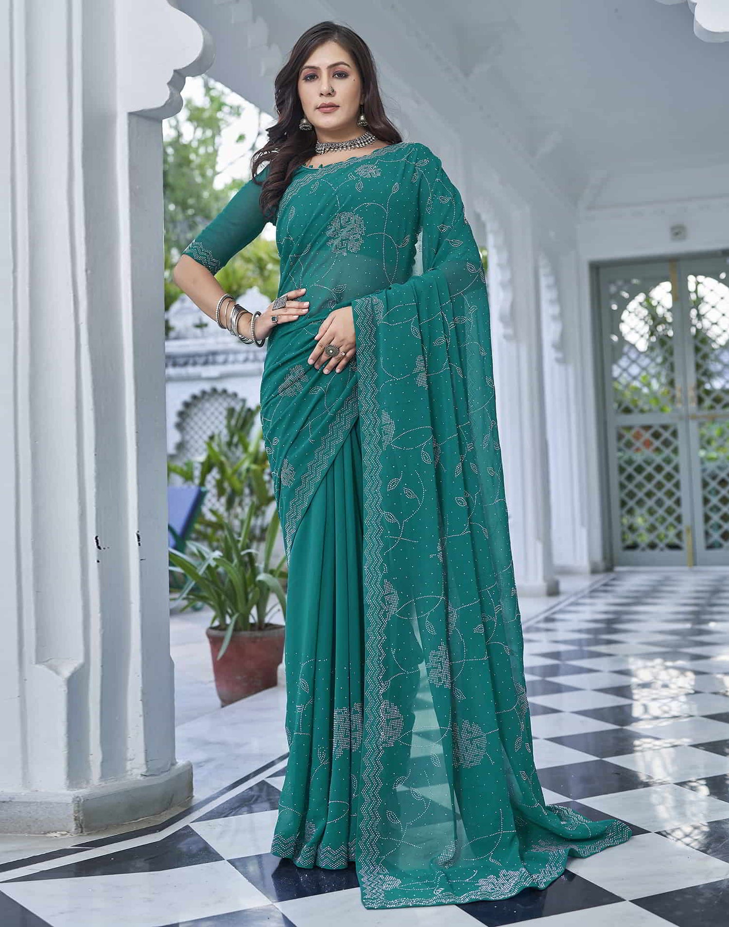 Turquoise Swarovski Georgette Stone Work Saree