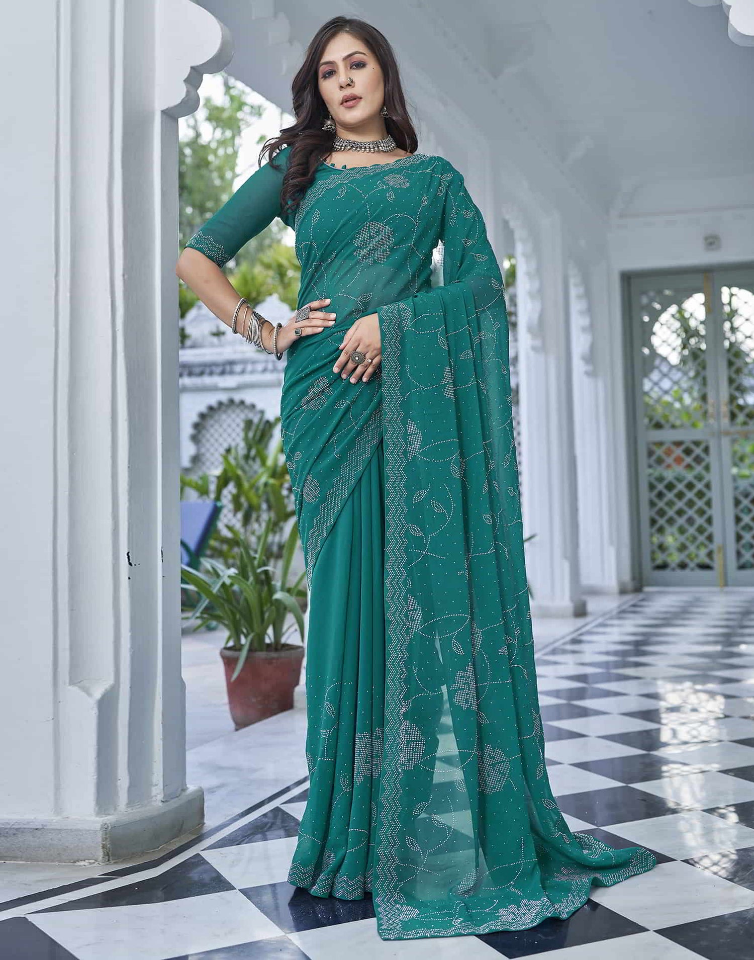 Turquoise Swarovski Georgette Stone Work Saree