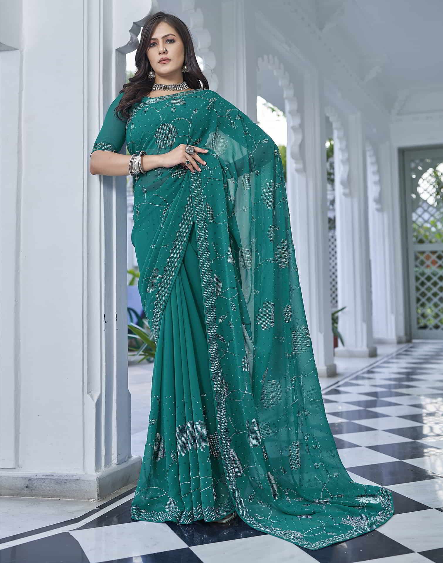 Turquoise Swarovski Georgette Stone Work Saree