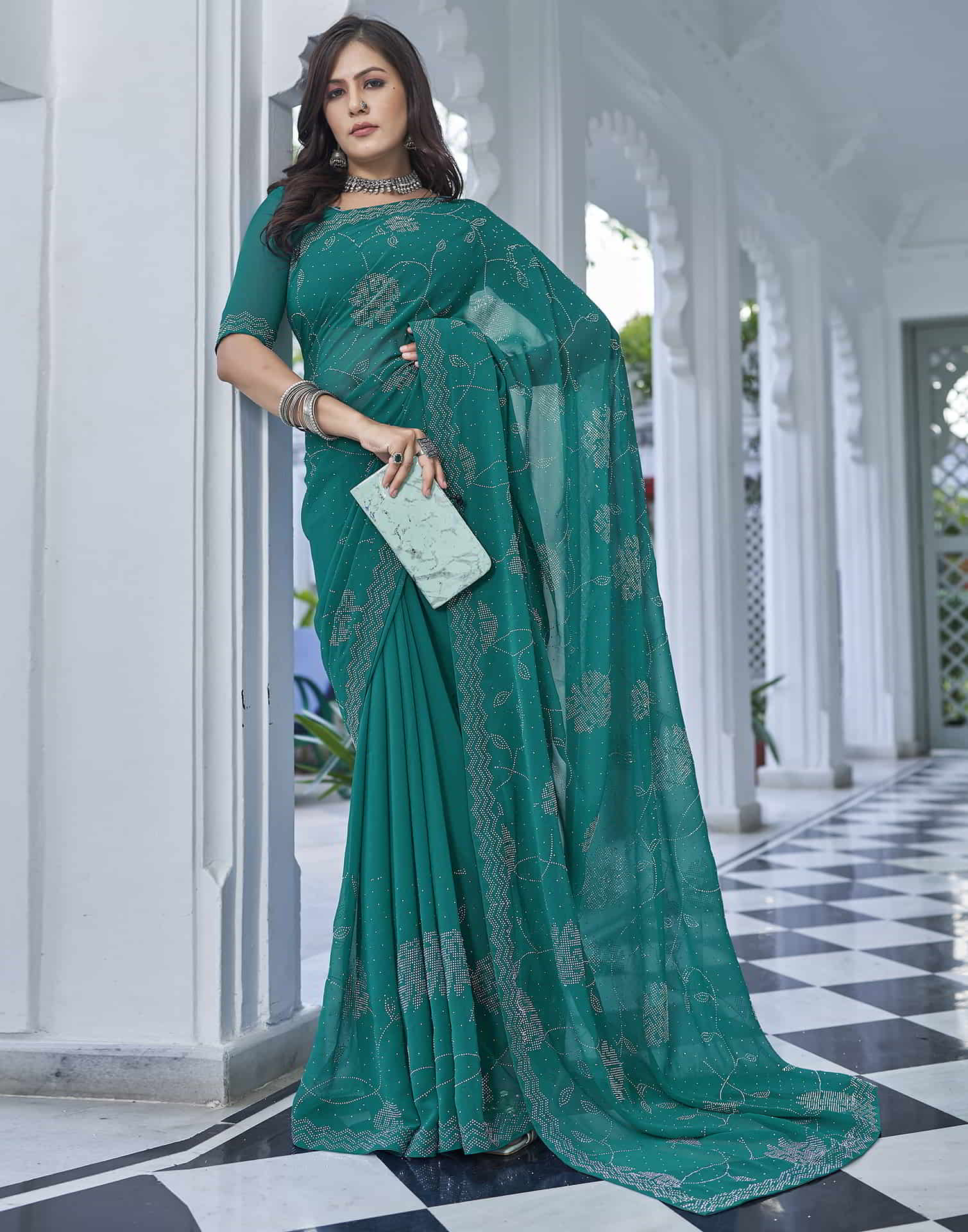 Turquoise Swarovski Georgette Stone Work Saree