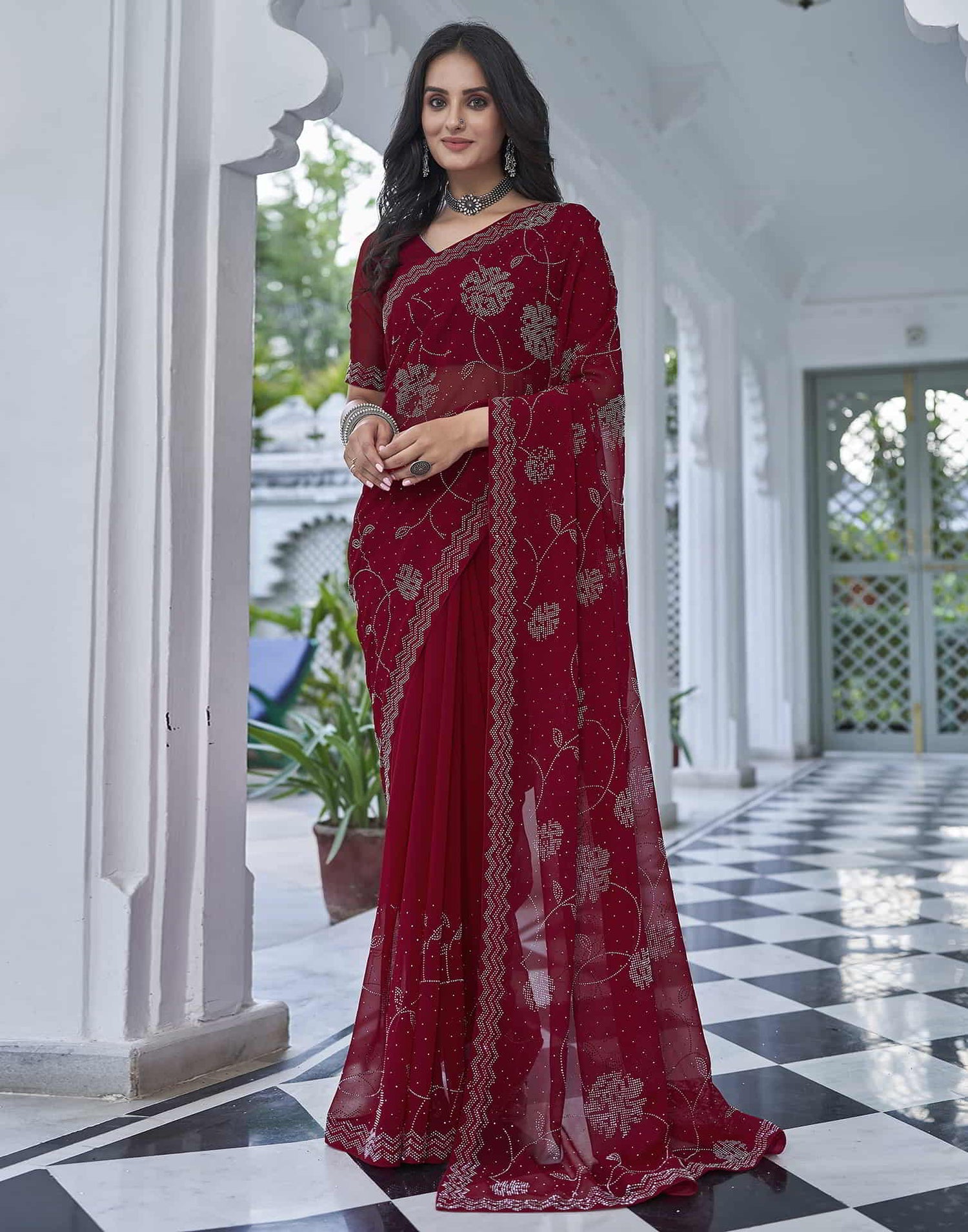 Red Swarovski Georgette Stone Work Saree