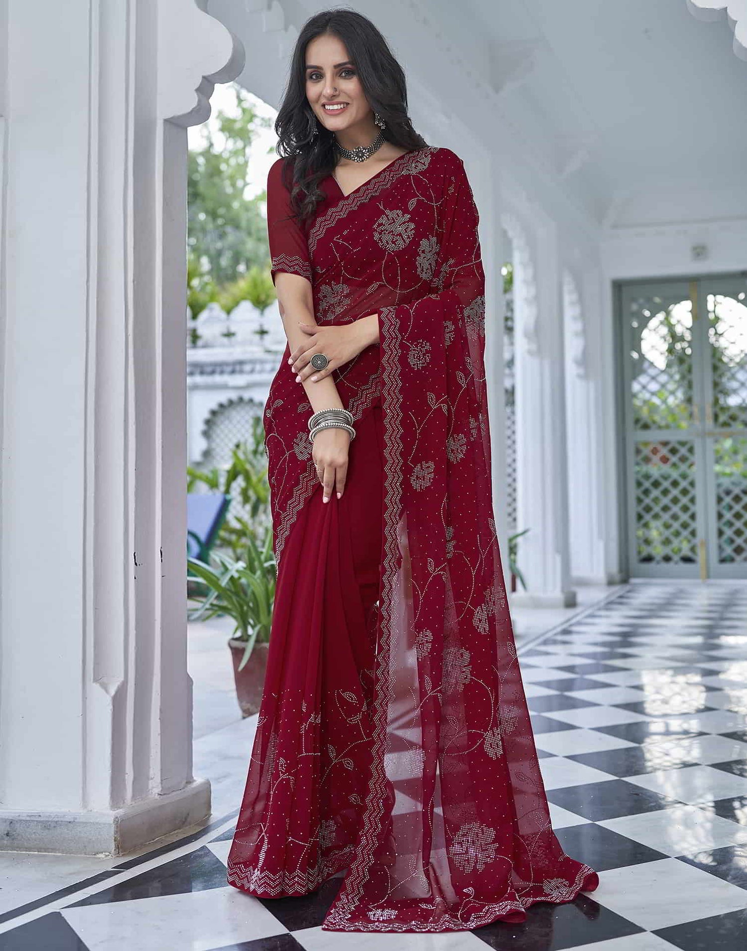 Red Swarovski Georgette Stone Work Saree