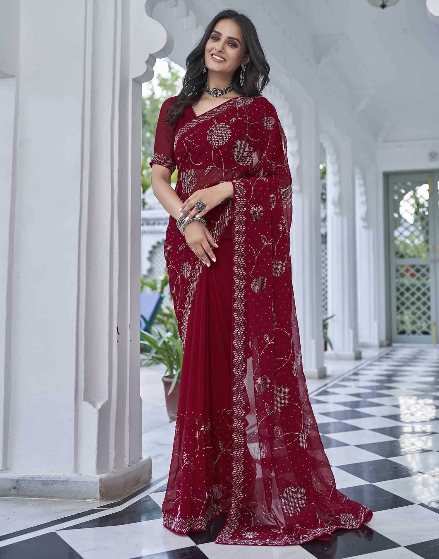 Red Swarovski Georgette Stone Work Saree