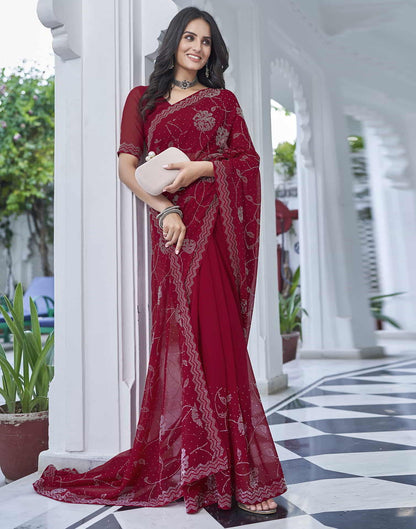 Red Swarovski Georgette Stone Work Saree