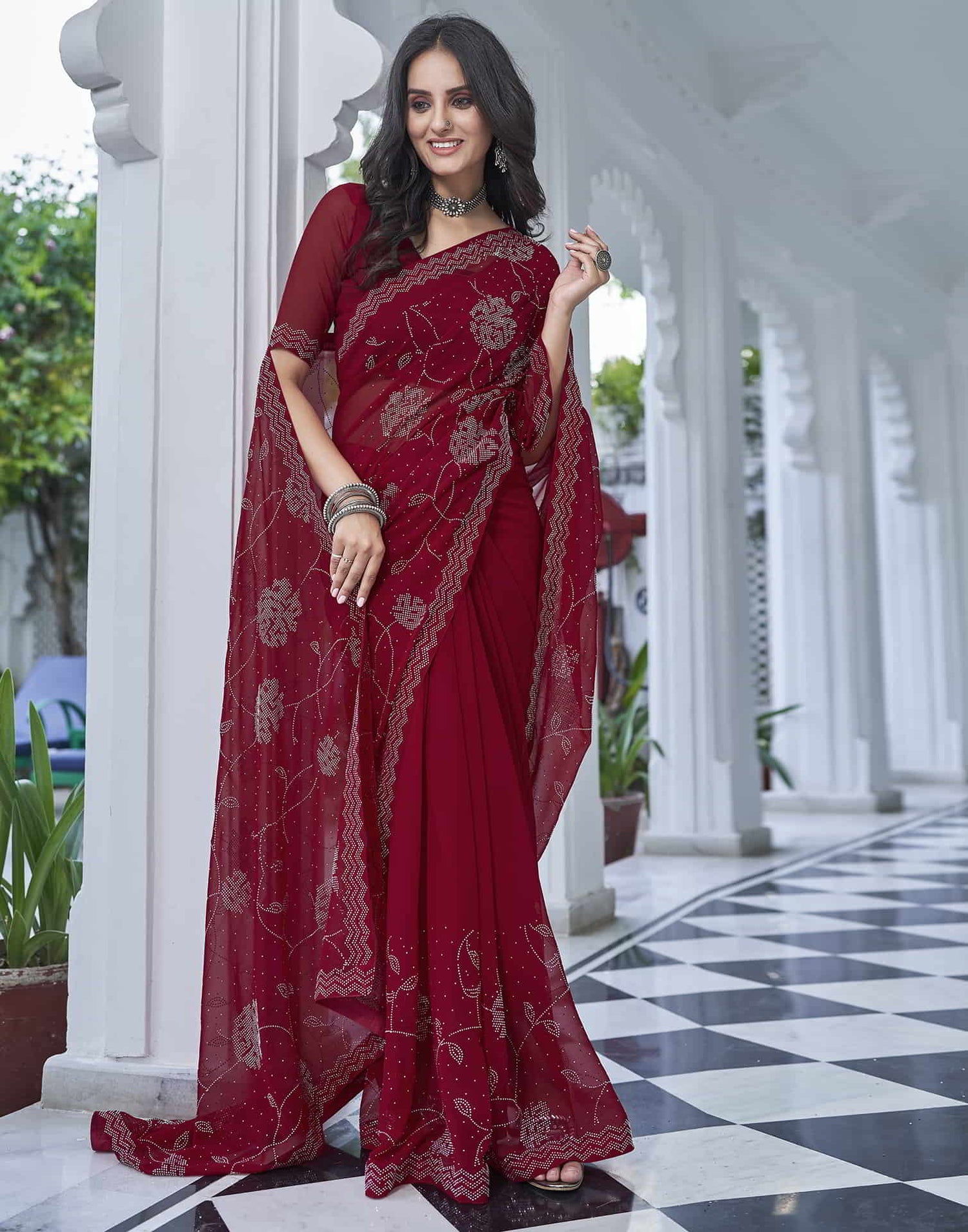 Red Swarovski Georgette Stone Work Saree