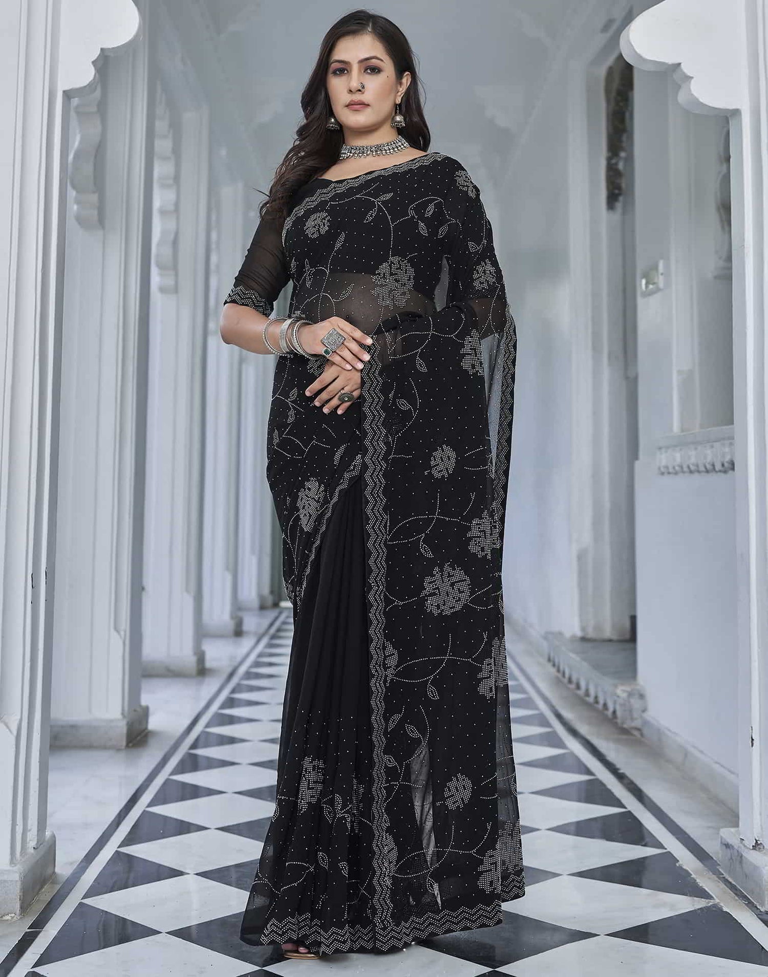 Black Swarovski Georgette Stone Work Saree