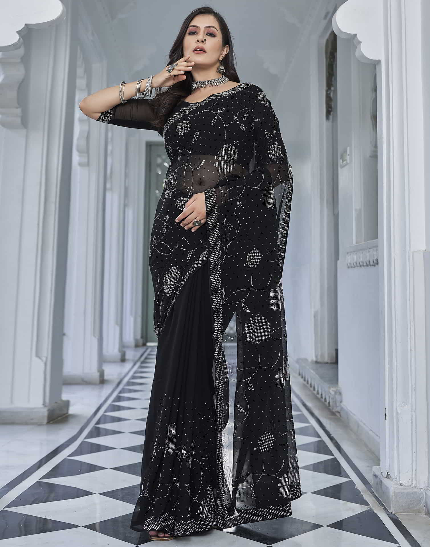 Black Swarovski Georgette Stone Work Saree