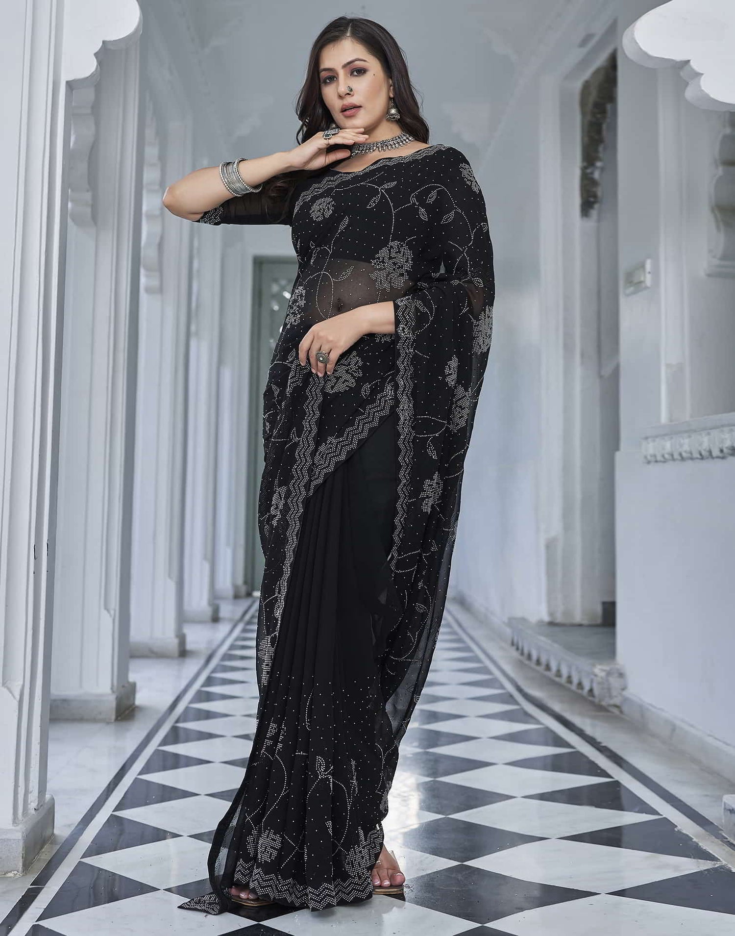 Black Swarovski Georgette Stone Work Saree