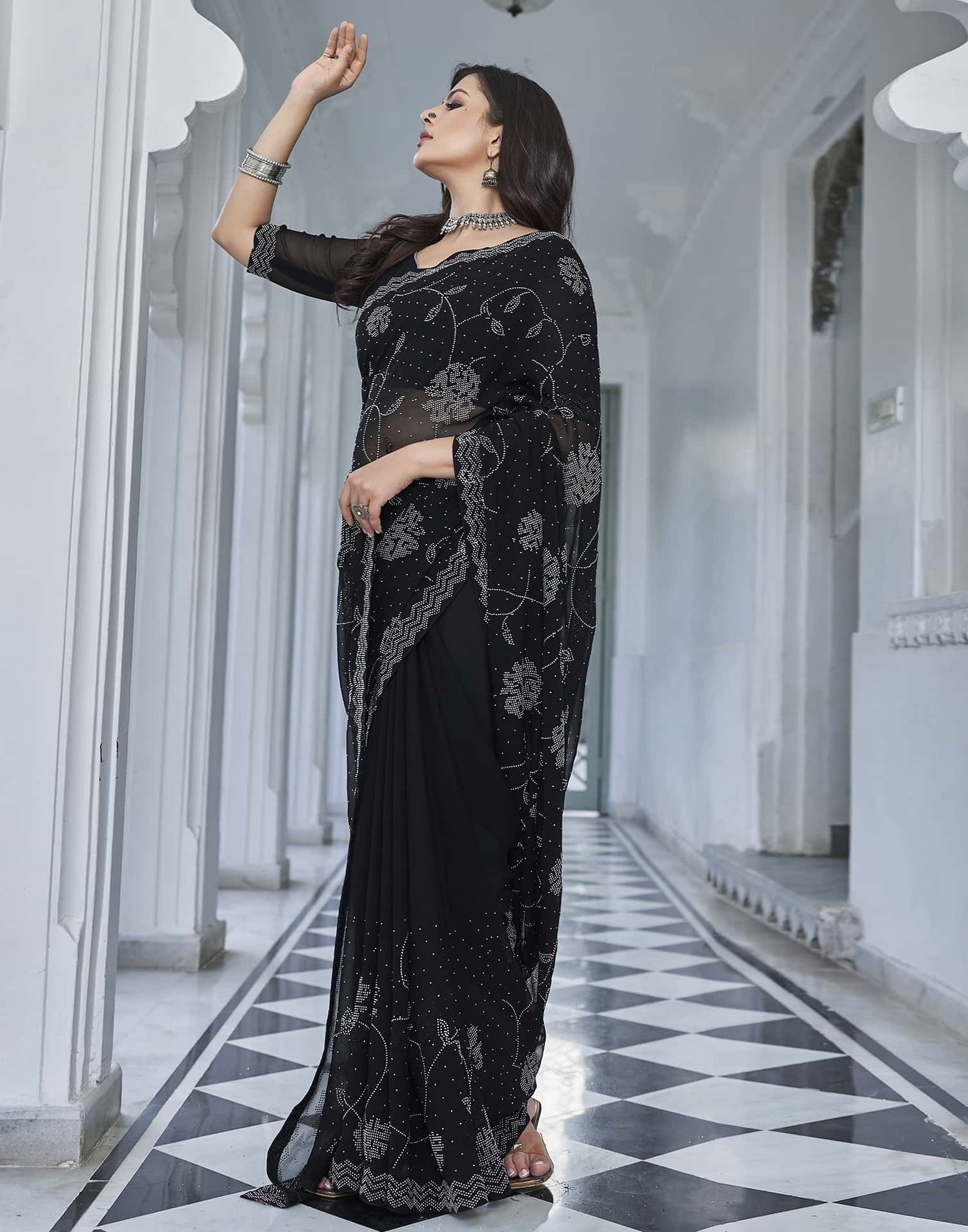 Black Swarovski Georgette Stone Work Saree