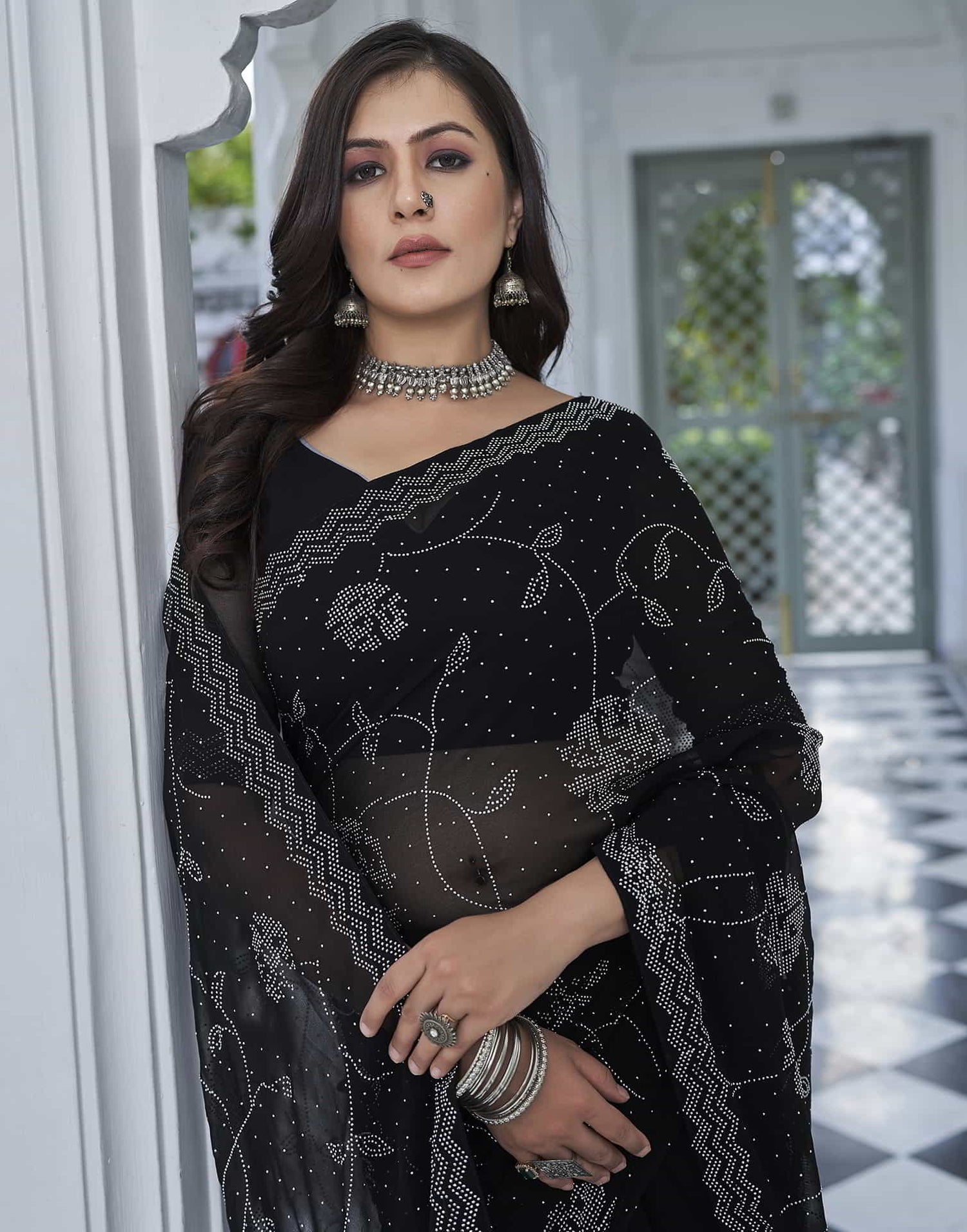 Black Swarovski Georgette Stone Work Saree