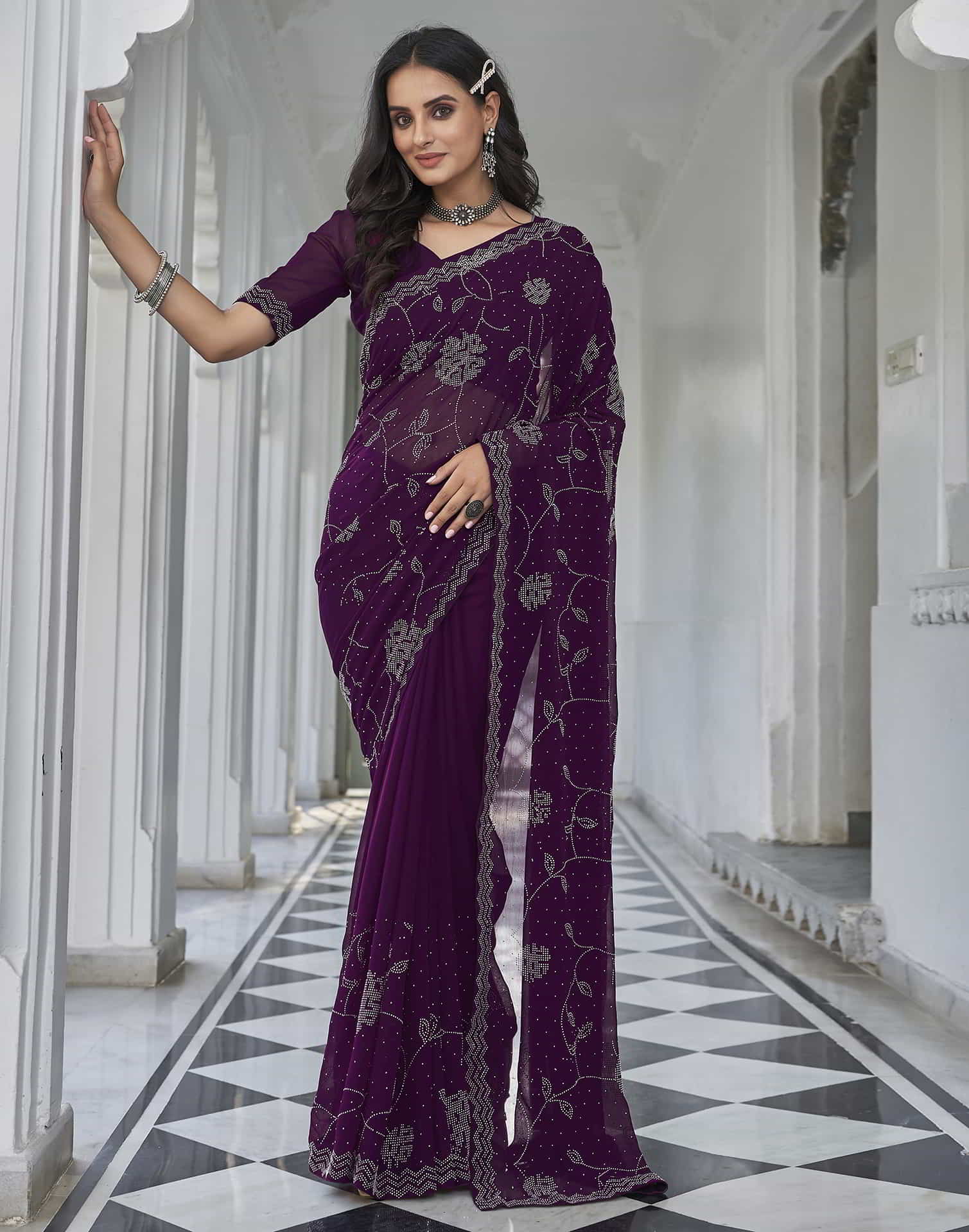 Purple Swarovski Georgette Stone Work Saree